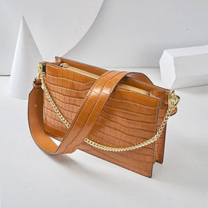 Brown Croc-Embossed Chain Strap Shoulder Bag