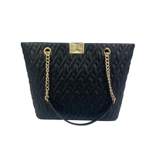 Schwarze, gesteppte Einkaufstasche aus schwarzem Leder mit goldenen Handtaschen mit Kettenriemen