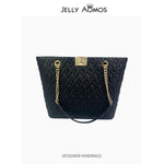 이미지를 갤러리 뷰어에 로드 , Black leather quilted tote bag black with gold chain strap handbags
